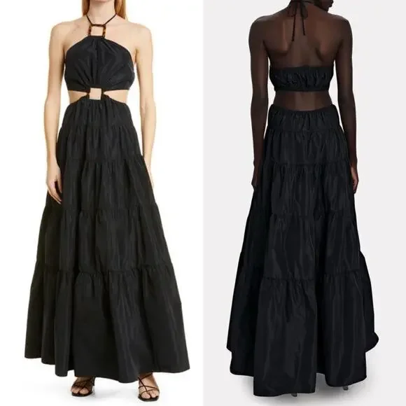 Staud Dome Halter Neck Cut Out Maxi Dress Tiered Skirt Black Size Medium - Picture 10 of 10